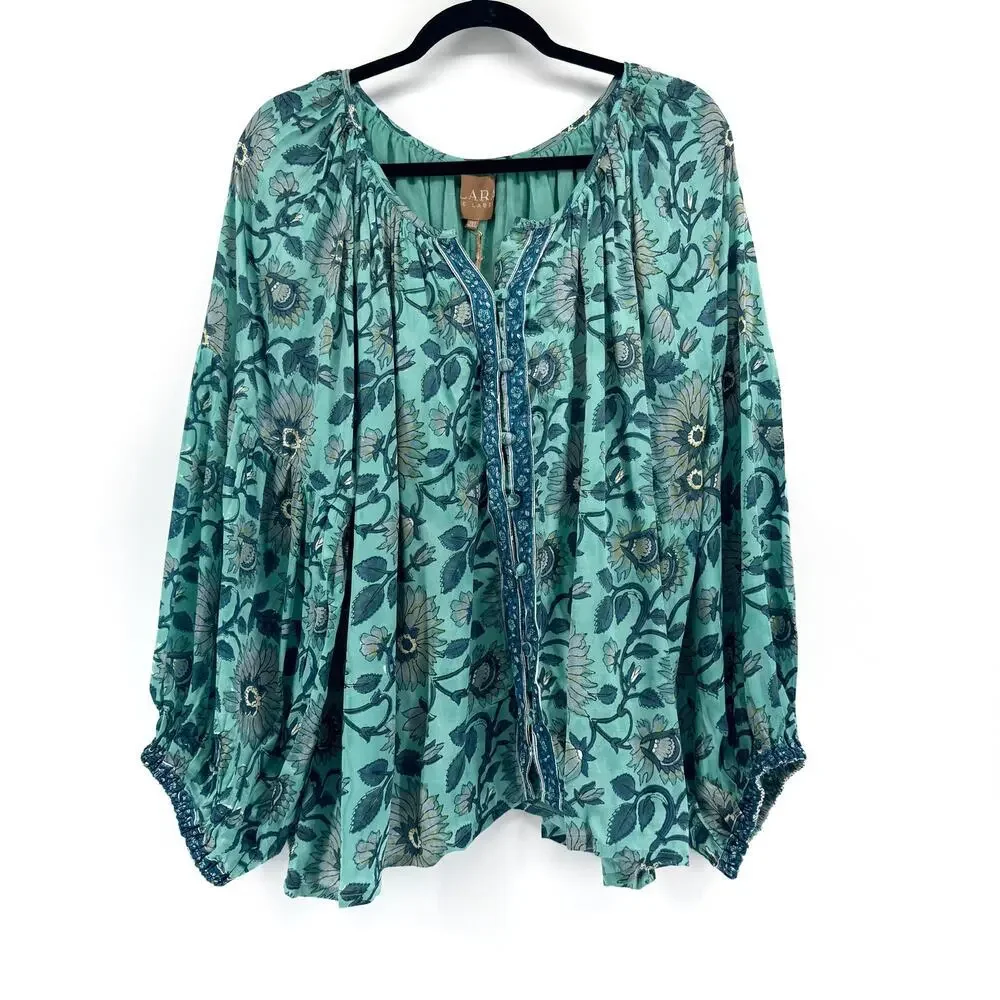 Clara the Label Victoria Dunn Briar Blouse in Blue Bonnet Sz 2XL Block Print NWT - Picture 2 of 10